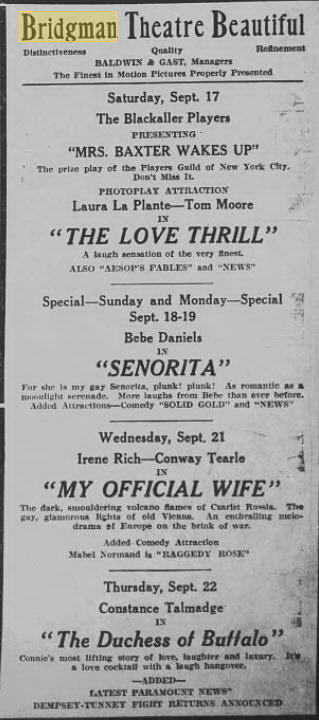 Bridgman Theatre - SEPT 17 1927 ARTICLE